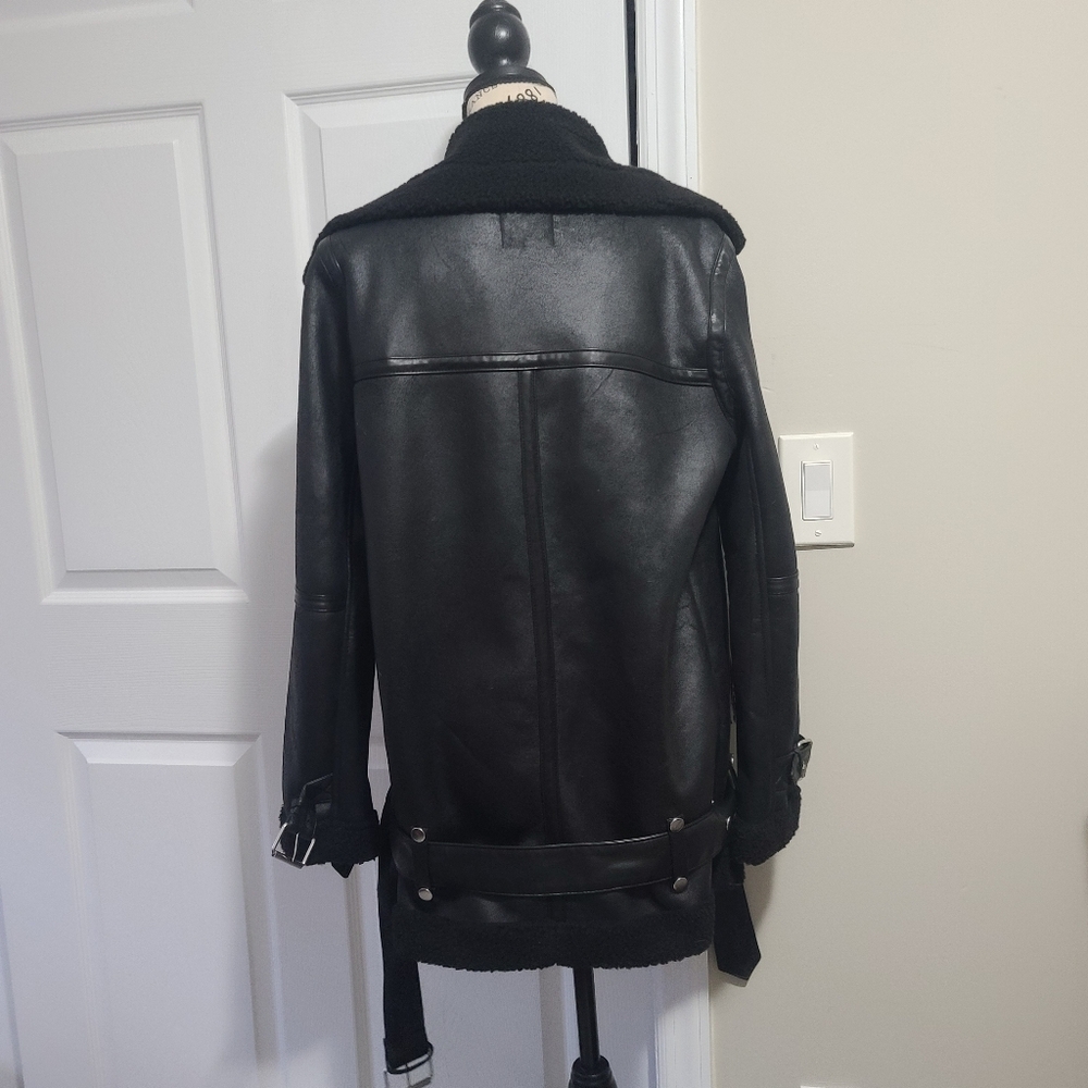 Avec Les Filles Faux Shearling Trim Faux Leather Oversized Biker Moto Jacket XS - Picture 13 of 13